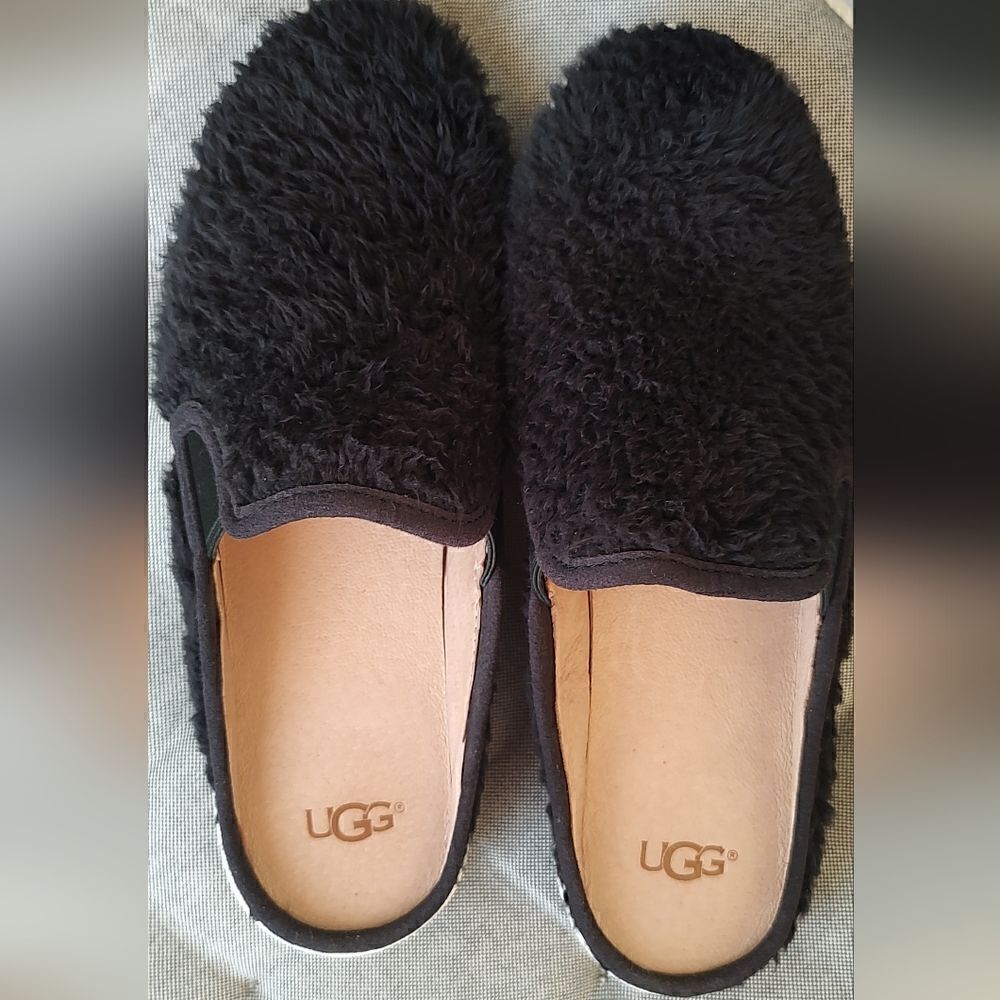 Ugg Womens Open Back Luci Slip On Leather Shoes Black Faux Fur Size 7 - Picture 3 of 7